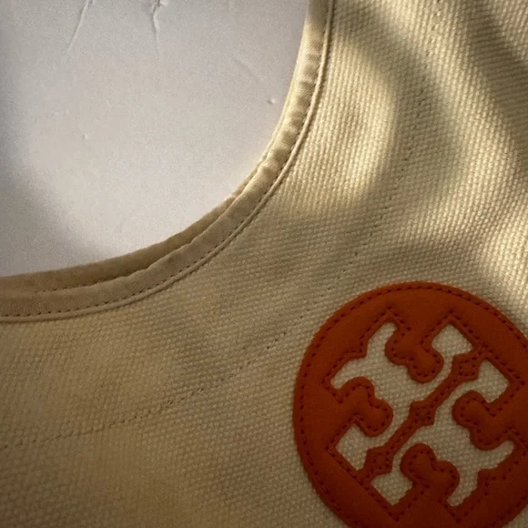 Tory Burch Beach Pool Bag Cream Canvas and Orange Leather - Picture 4 of 5